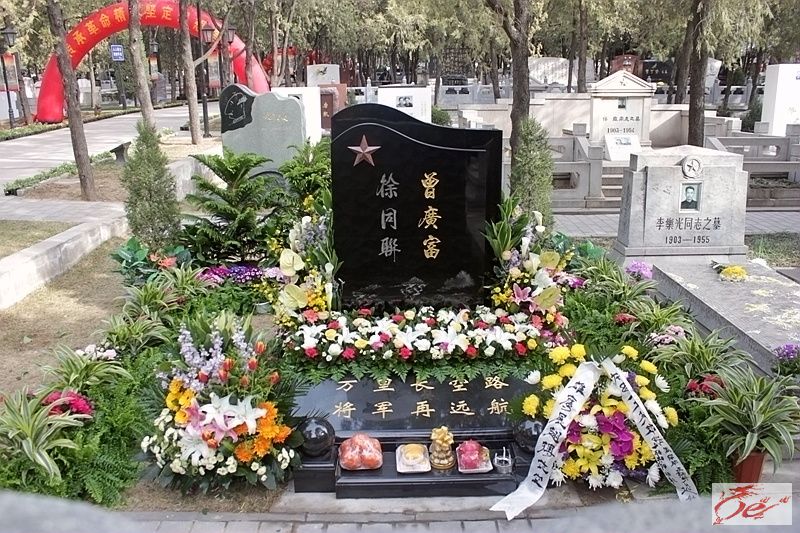 鲜花和翠柏簇拥着军长的墓碑，矗立在肃穆的革命公墓群中，